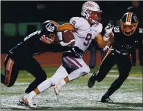  ?? PHOTO BY JIM GENSHEIMER ?? Sacred Heart Prep’s Wilson Weisel (9) gets a first down on a pass play to set up a touchdown against Los Gatos in the Central Coast Section Division II semifinal game at Los Gatos High School in 2019 in Los Gatos.