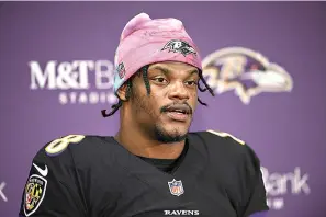  ?? (AP Photo/Nick Wass, File) ?? Baltimore Ravens quarterbac­k Lamar Jackson speaks to the media at a press conference after an NFL football game against the Cincinnati Bengals, Oct. 9, 2022, in Baltimore. The Baltimore Ravens announced Tuesday, March 7, 2023, that they were designatin­g Jackson as their franchise player, preventing him from becoming an unrestrict­ed free agent this month after the expiration of his rookie contract.