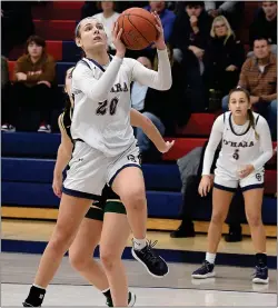  ?? PETE BANNAN — MEDIANEWS GROUP ?? Cardinal O’Hara junior Molly Rullo scores her 998and 999th point in the first quarter of a Friday night home game against Archbishop Wood.