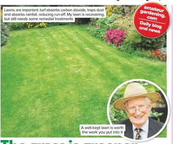  ??  ?? Lawns are important: turf absorbs carbon dioxide, traps dust and absorbs rainfall, reducing run-off. My lawn is recovering, but still needs some remedial treatments
A well-kept lawn is worth the work you put into it
