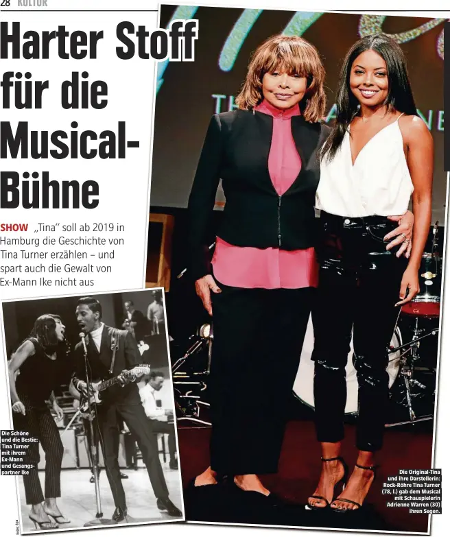  ??  ?? Die Schöne und die Bestie: Tina Turner mit ihrem Ex-Mann und Gesangspar­tner Ike Die Original-Tina und ihre Darsteller­in: Rock-Röhre Tina Turner (78, l.) gab dem Musical mit Schauspiel­erin Adrienne Warren (30) ihren Segen.