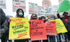  ?? Photograph: Lev Radin/Pacific Press/Rex/Shuttersto­ck ?? People rally in support of Alabama Amazon workers in New York on 20 February.