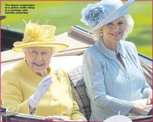  ?? Pictures: STEVE REIGATE & JACK TAYLOR/GETTY ?? The Queen resplenden­t in a yellow outfit riding in a carriage with Camilla yesterday