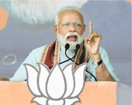  ??  ?? PRIME MINISTER Narendra Modi campaignin­g for the general election at Bhawanipat­na in Odisha on April 2, 2019. In his rallies he invoked the memory of the Pulwama attack to hype up nationalis­tic sentiments.