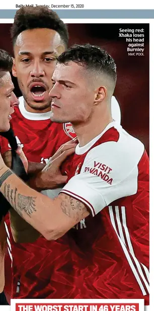  ?? NMC POOL ?? Seeing red: Xhaka loses his head against Burnley