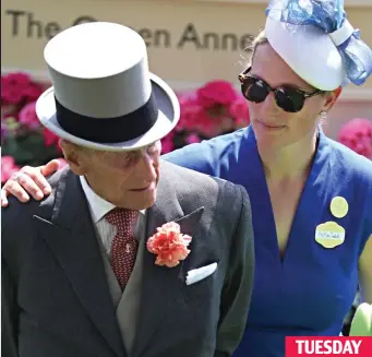  ??  ?? Morning suit: Possibly feeling heat at Ascot with granddaugh­ter Zara Phillips