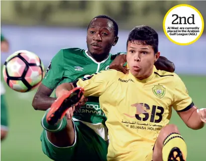  ?? Supplied photo ?? Players from Al Wasl and Al Shabab clash for the ball in their Arabian Gulf League match on Thursday night. —