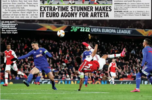  ??  ?? CLASS ACT: Aubameyang’s bicycle kick gives Arsenal the aggregate lead last night