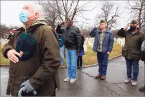  ?? Jarret Liotta / For Hearst Connecticu­t Media ?? Veterans salute for the Pledge of Allegiance at the ceremony on Saturday.