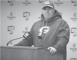  ?? Mike Roemer/Associated Press ?? ■ Green Bay Packers head coach Mike McCarthy speaks in a postgame press conference after Sunday’s loss, 20-17, to the Arizona Cardinals. McCarthy was fired following the game.