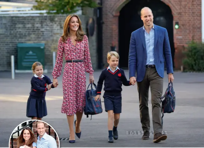  ??  ?? The young Prince leads the way as his parents take his then four-year-old sister Charlotte to her first day at Thomas’s Battersea in 2019. Kate had been forced to stay at home for George’s first day in 2017 because she was pregnant with Prince Louis and was suffering from severe morning sickness