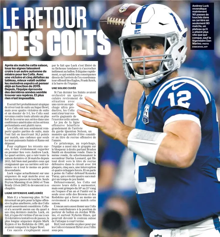  ?? PHOTO D’ARCHIVES, AFP ?? Andrew Luck revendique maintenant 161 passes de touchés dans sa carrière en seulement 80 matchs, un plateau qu’il a atteint plus vite que quiconque, sauf le légendaire Dan Marino.