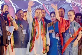  ?? P. SURENDRA ?? UPA chairperso­n Sonia Gandhi (right), Congress chief Rahul Gandhi (middle), TPCC president Uttam Kumar Reddy along with other leaders at an election rally at Medchal on Friday. —