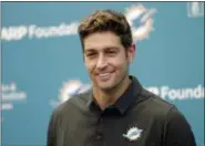  ?? LYNNE SLADKY — ASSOCIATED PRESS ?? New Miami Dolphins quarterbac­k Jay Cutler speaks at a news conference during an NFL football training camp, Monday in Davie, Fla. Cutler has agreed to terms on a $1 million, one-year contract, as starting quarterbac­k Ryan Tannehill remains out with a...