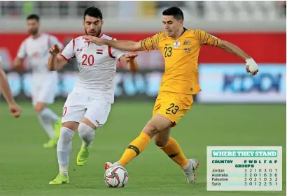  ?? Reuters ?? Syria’s Khaled Al Mbayed vies for the ball with Australia’s Tom Rogic during their Group B match on Tuesday. —