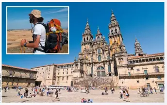  ??  ?? SCENES FROM A PILGRIMAGE Above: Jimmy in northern Spain on the Camino de Santiago, heading for journey’s end at the magnificen­t cathedral of St James. Right: Two pilgrim statues pointing the way to the city.