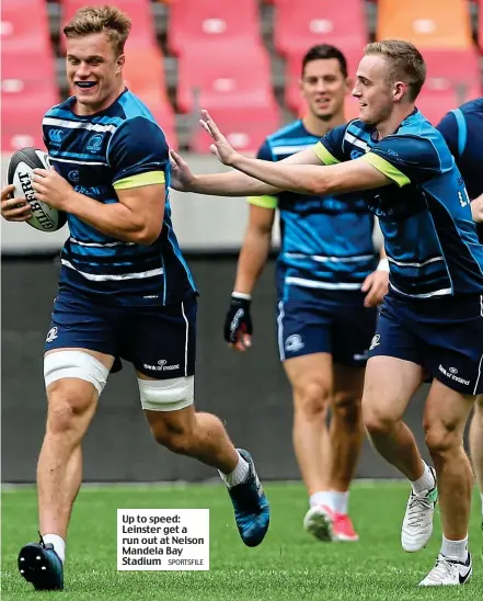  ?? SPORTSFILE ?? Up to speed: Leinster get a run out at Nelson Mandela Bay Stadium