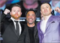  ?? Erik Verduzco ?? Las Vegas Review-journal @Erik_verduzco From left, Saul “Canelo” Alvarez, Oscar De La Hoya and Gennady Golovkin at a February 2017 news conference in Los Angeles.