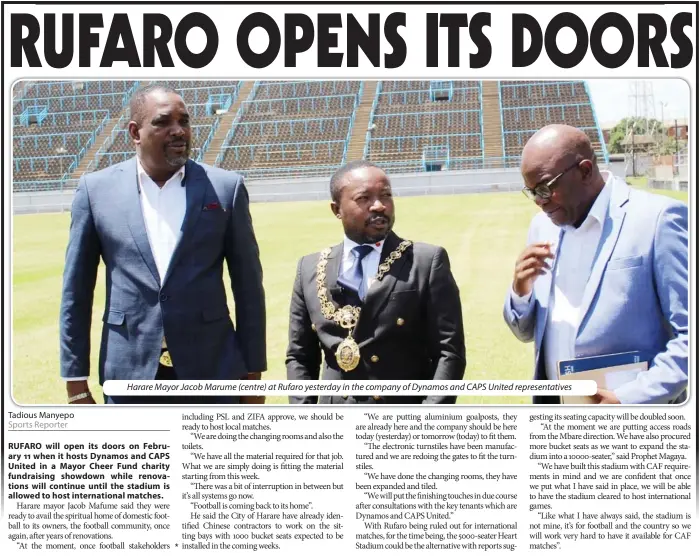  ?? ?? Harare Mayor Jacob Marume (centre) at Rufaro yesterday in the company of Dynamos and CAPS United representa­tives