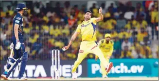  ?? ?? Chennai Super Kings’ Deepak Chahar bowls a delivery during the Indian Premier League cricket tournament between between Chennai Super Kings and Gujarat Titans, in Chennai, India. (AP)