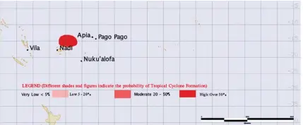  ?? Photo: Fiji Meteorolog­ical Services ?? Tropical Disturbanc­e 07F is expected to lie in the shaded region and the potential for it to develop into a Tropical Cyclone is HIGH on Friday.