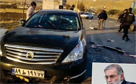  ??  ?? Aftermath: The Iranian scientist’s car was hit by a roadside bomb yesterday