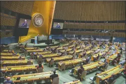  ?? (United Nations/Eskinder Debebe) ?? Bozkir (seated at left on dais) addresses the United Nations General Assembly.