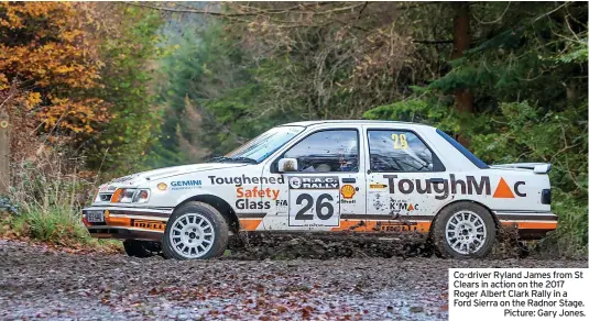  ?? ?? Co-driver Ryland James from St Clears in action on the 2017 Roger Albert Clark Rally in a Ford Sierra on the Radnor Stage.
Picture: Gary Jones.