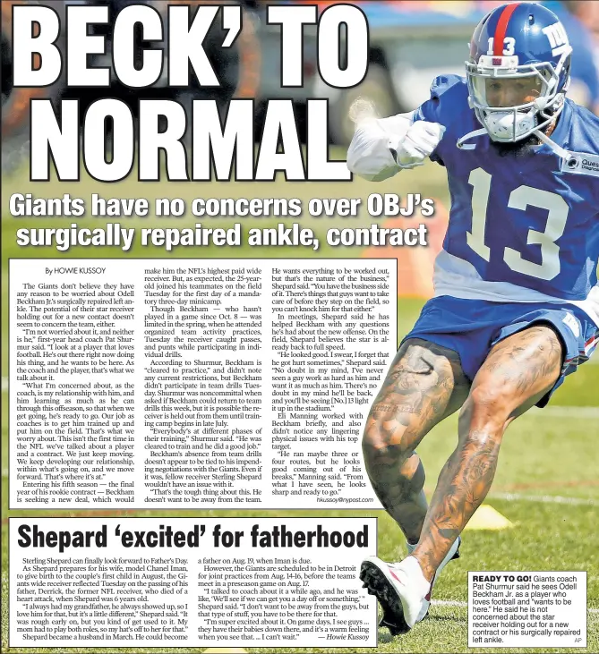  ?? AP ?? READY TO GO! Giants coach Pat Shurmur said he sees Odell Beckham Jr. as a player who loves football and “wants to be here.” He said he is not concerned about the star receiver holding out for a new contract or his surgically repaired left ankle.