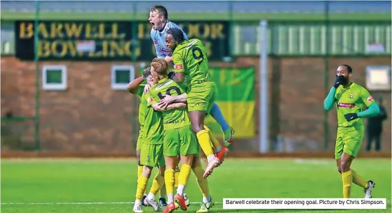  ?? ?? Barwell celebrate their opening goal. Picture by Chris Simpson.