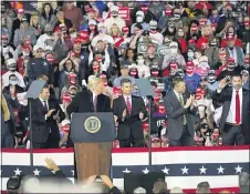  ?? KEITH SRAKOCIC - THE ASSOCIATED PRESS ?? President Donald Trump looks over at Pennsylvan­ia congressio­nal candidate, right, as he speaks at a campaign rally, Tuesday, Sept. 22, in Moon Township, Pa.