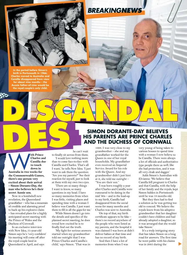  ??  ?? In the period before Simon’s birth in Portsmouth in 1966, Charles moved to Australia and Camilla disappeare­d from view for about nine months – the Aussie father-of-nine would be the royal couple’s only child.
