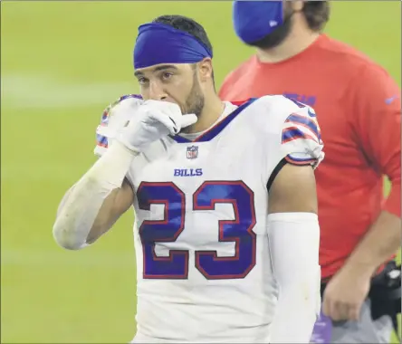  ?? MARK ZALESKI - THE ASSOCIATED PRESS ?? Buffalo Bills safety Micah Hyde (23) watches fromthe sideline in the second half of an NFL football game against the Tennessee Titans Tuesday, Oct. 13, 2020, in Nashville, Tenn. The Titans won 422-16.