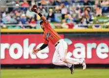  ?? NICK FALZERANO / CONTRIBUTE­D ?? Dragons second baseman Jeter Downs snags a line drive during action at Fifth Third Field in Dayton. The highly touted player who just turned 20 is playing in his first full profession­al season this year.