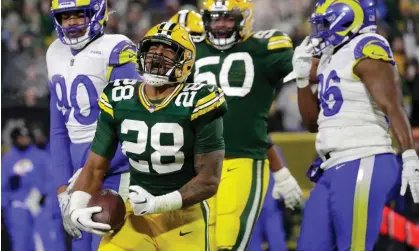  ?? ?? Green Bay Packers running back AJ Dillon (28) celebrates after scoring a touchdown against the Los Angeles Rams in the third quarter of Monday night’s game. Photograph: Dan Powers/USA Today Sports