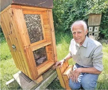  ?? RP-FOTO: HANS-JÜRGEN BAUER ?? Stephan Rameils Bienenkäst­en erinnern an die ursprüngli­chste aller Bienenbeha­usungen: den hohlen Baum. Wichtig ist ihm, dass sein Honig vielfältig ist.