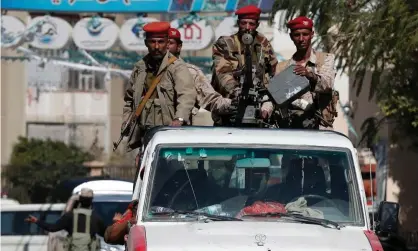  ??  ?? Pro-Houthi soldiers on patrol in Sana’a, Yemen, on Wednesday. Photograph: Yahya Arhab/EPA