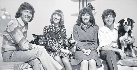  ??  ?? Classic line-up – The presenters of Blue Peter in 1972, from left, Peter Purves, Lesley Judd, Valerie Singleton and John Noakes, who is with his dog, Shep.