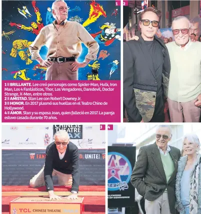  ??  ?? 1 II BRILLANTE. Lee creó personajes como Spider-Man, Hulk, Iron Man, Los 4 Fantástico­s, Thor, Los Vengadores, Daredevil, Doctor Strange, X-Men, entre otros. 2 II AMISTAD. Stan Lee con Robert Downey Jr. 3II HONOR. En 2017 plasmó sus huellas en el Teatro Chino de Hollywood. 4 II AMOR. Stan y su esposa Joan, quien falleció en 2017. La pareja estuvo casada durante 70 años.