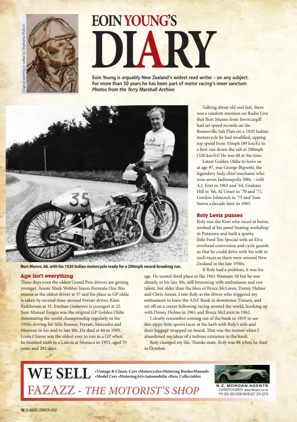  ??  ?? Burt Munro, 68, with his 1920 Indian motorcycle ready for a 200mph record-breaking run.