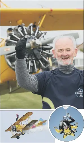  ??  ?? Geoff Cook, who has Alzheimer’s disease, celebratin­g his 70th birthday by doing a wing-walk to raise funds for Alzheimer’s Society. Inset, Bryson William Verdun Hayes during his tandem skydive.
