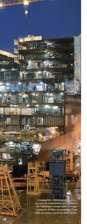  ??  ?? Le paquebot « Harmony of the Seas » en cours de constructi­on aux Chantiers de l’Atlantique, en mai 2015. La coque comporte 86 blocs à assembler. Trois mille personnes s’activent sur le navire.