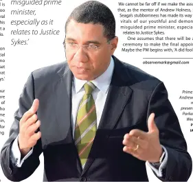  ?? PHOTO BY IAN ALLEN ?? Prime Minister Andrew Holness making a presentati­on in Parliament on Wednesday.