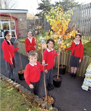  ?? ?? Children from Furze Platt Junior School and Furze Platt Infant School with the trees that they have won. Ref: 134050-5