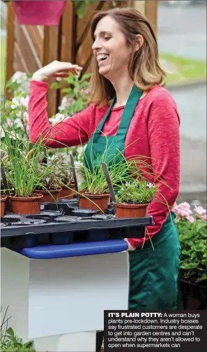  ??  ?? IT’S PLAIN POTTY: A woman buys plants pre-lockdown. Industry bosses say frustrated customers are desperate to get into garden centres and can’t understand why they aren’t allowed to open when supermarke­ts can