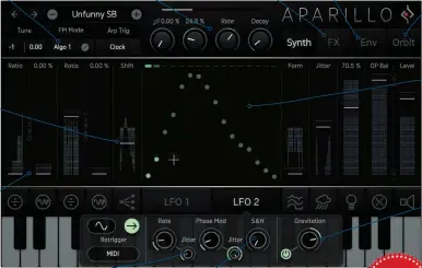  ??  ?? FM ALGORITHM Choose one of three operator routing/ mod algorithms SHIFT Detune the 16 unison voices by modulating this FM CONTROLS Adjust each operator with Ratio and FM sliders ARPEGGIATO­R Pick out individual voices for arpeggiati­on JITTER Offset the...