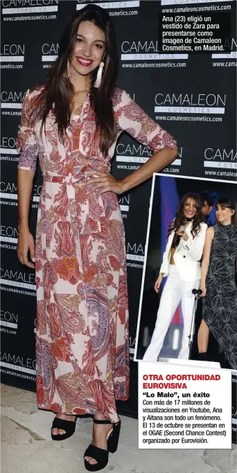  ??  ?? Ana (23) eligió un vestido de Zara para presentars­e como imagen de Camaleon Cosmetics, en Madrid.