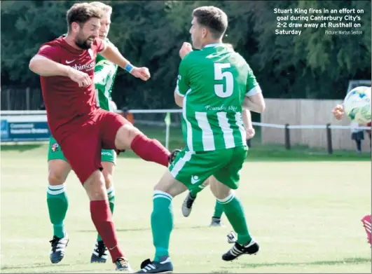  ?? Picture: Martyn Sexton ?? Stuart King fires in an effort on goal during Canterbury City’s 2-2 draw away at Rusthall on Saturday