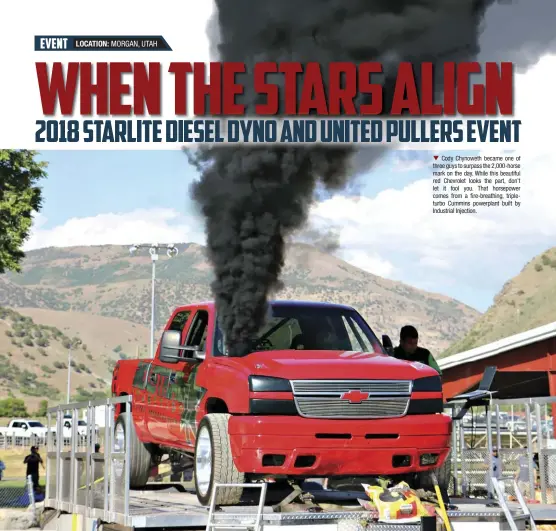  ??  ??  Cody Chynoweth became one of three guys to surpass the 2,000-horse mark on the day. While this beautiful red Chevrolet looks the part, don’t let it fool you. That horsepower comes from a fire-breathing, tripleturb­o Cummins powerplant built by Industrial Injection.