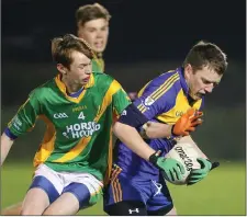  ??  ?? Seán O’Connor of Gusserane is challenged by Liam O’Shea.